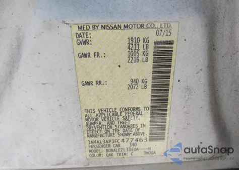 2015 Nissan Altima 2.5 S из США, поврежденный, VIN 1N4AL3AP3FC477463